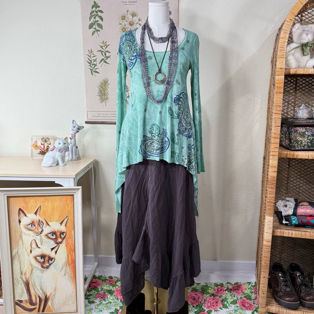 Vtg Y2k Watercolor Paisley Asymmetric Tunic Top Boho Hippie Fairy Grunge Artsy M
